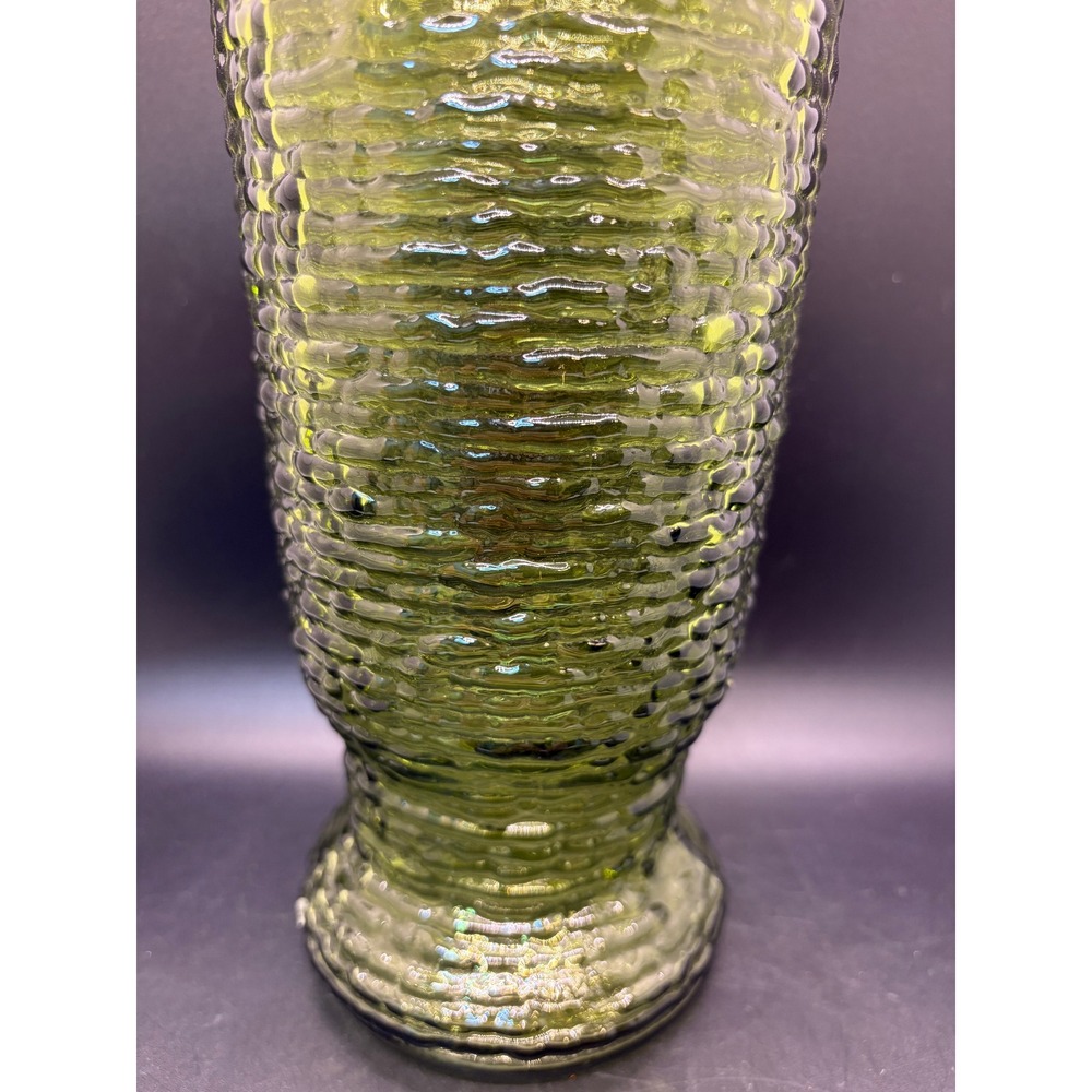 Vintage Green Pressed Glass‎ Vase Ribbed Textured Design MidCentury Style